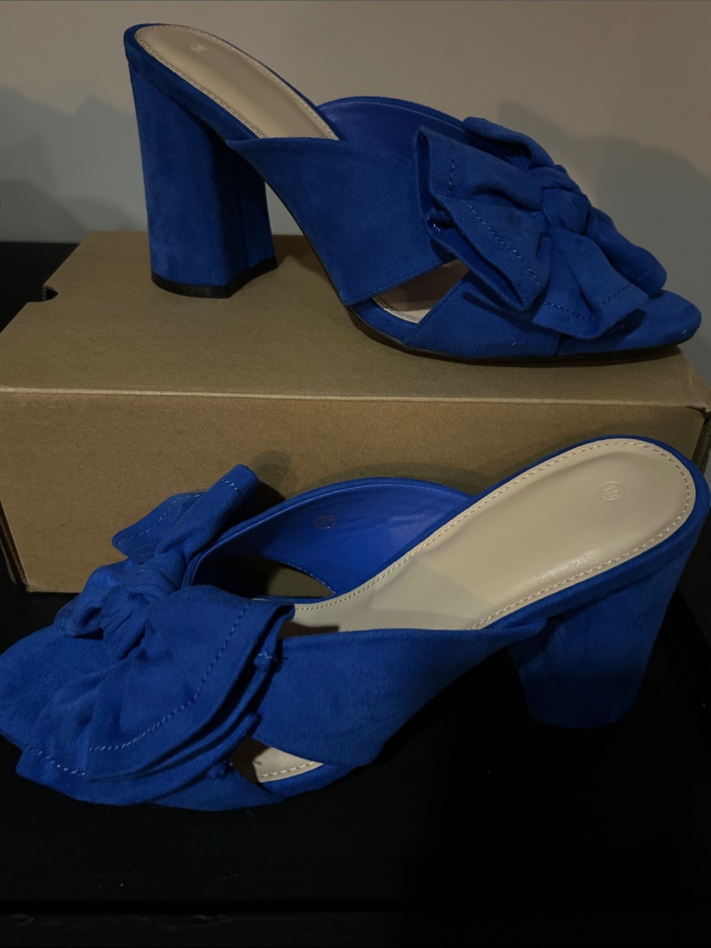 Blue Slip-On Block Heel Mules with Bow Detail